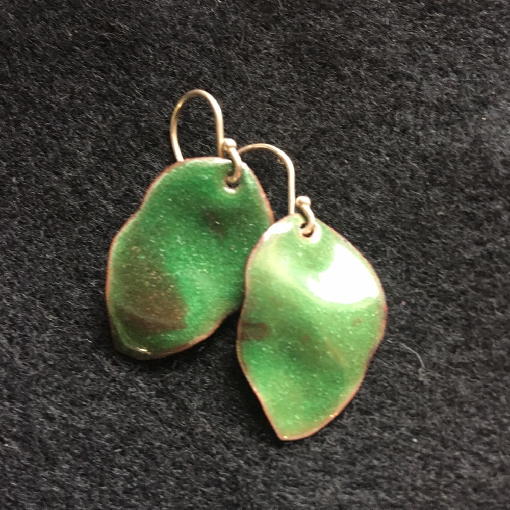 Green enameled leaf shaped earrings